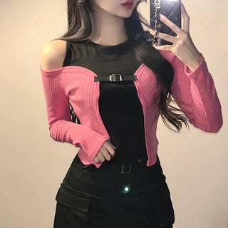 Buckle Cardigan Sleeveless Tee Color Block