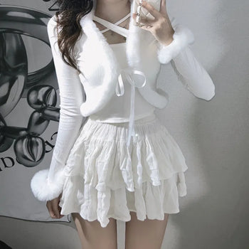 Fur-trimmed Ribbed Ribbon Cardigan Fur Bolero Crop