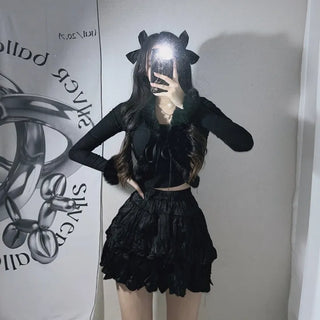 Fur-trimmed Ribbed Ribbon Cardigan Fur Bolero Crop