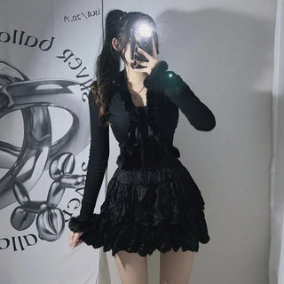 Fur-trimmed Ribbed Ribbon Cardigan Fur Bolero Crop