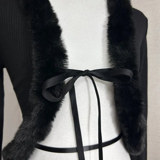 Fur-trimmed Ribbed Ribbon Cardigan Fur Bolero Crop