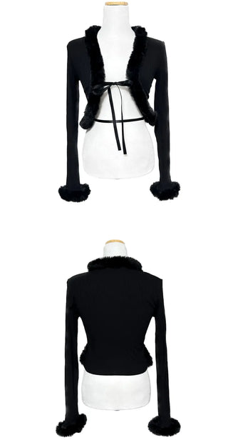 Fur-trimmed Ribbed Ribbon Cardigan Fur Bolero Crop