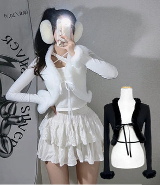 Fur-trimmed Ribbed Ribbon Cardigan Fur Bolero Crop