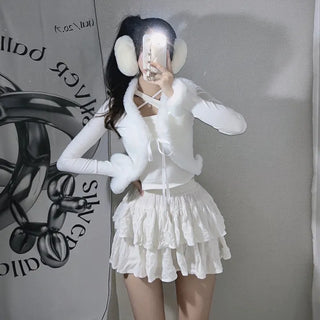 Fur-trimmed Ribbed Ribbon Cardigan Fur Bolero Crop