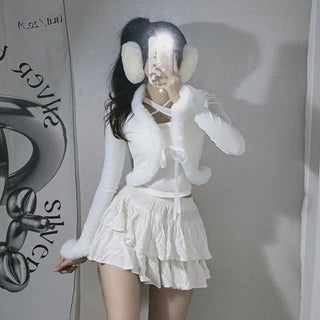 Fur-trimmed Ribbed Ribbon Cardigan Fur Bolero Crop