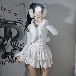 Fur-trimmed Ribbed Ribbon Cardigan Fur Bolero Crop