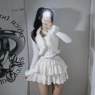 Fur-trimmed Ribbed Ribbon Cardigan Fur Bolero Crop