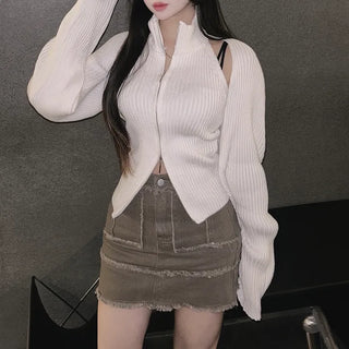 Way Zip-Up Sleeveless Bolero Cardigan Set