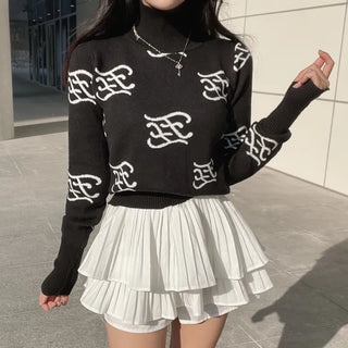 Roro Mock Neck Long Sleeve Lettering Knit