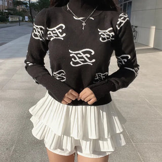 Roro Mock Neck Long Sleeve Lettering Knit