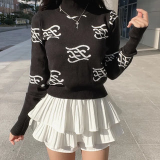 Roro Mock Neck Long Sleeve Lettering Knit