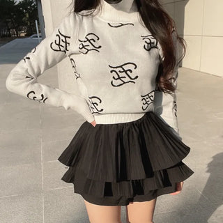 Roro Mock Neck Long Sleeve Lettering Knit