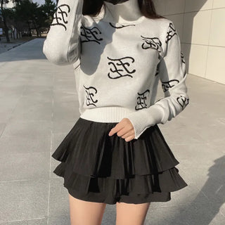 Roro Mock Neck Long Sleeve Lettering Knit