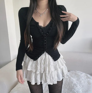Shirred Corset Hook Buckle Square Neck Long Sleeve
