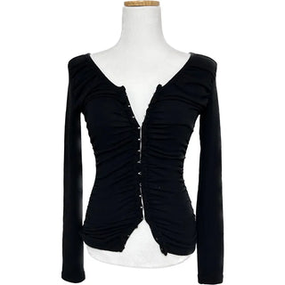 Shirred Corset Hook Buckle Square Neck Long Sleeve