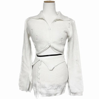 Damaged Two-Button Collar Crop Knit Button Skirt Two-Piece