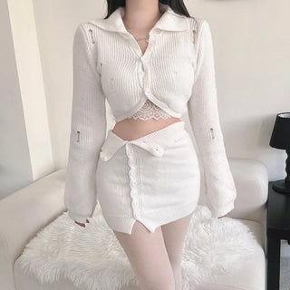 Damaged Two-Button Collar Crop Knit Button Skirt Two-Piece
