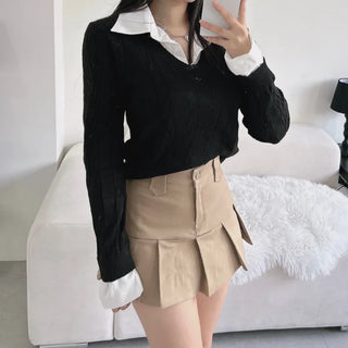 Low-rise pleated mini skirt cargo culottes