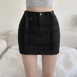 Strap buckle cargo pocket mini skirt stretch