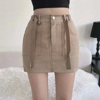 Strap buckle cargo pocket mini skirt stretch