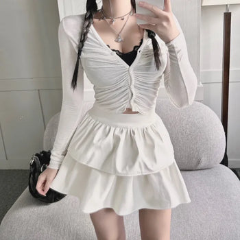 Yeoring V-neck Long Sleeve Cardigan Shirred Button Tee