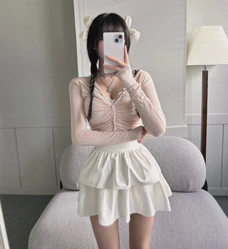 Yeoring V-neck Long Sleeve Cardigan Shirred Button Tee