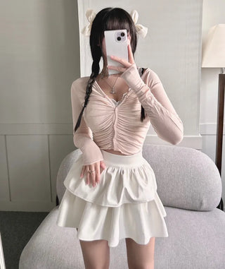 Yeoring V-neck Long Sleeve Cardigan Shirred Button Tee