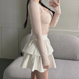 Yeoring V-neck Long Sleeve Cardigan Shirred Button Tee
