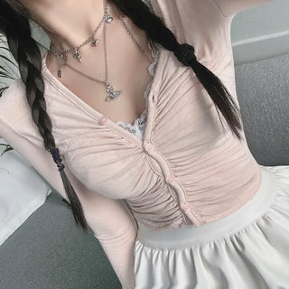 Yeoring V-neck Long Sleeve Cardigan Shirred Button Tee