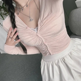 Yeoring V-neck Long Sleeve Cardigan Shirred Button Tee