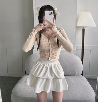 Yeoring V-neck Long Sleeve Cardigan Shirred Button Tee