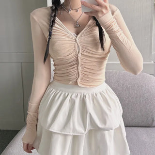 Yeoring V-neck Long Sleeve Cardigan Shirred Button Tee