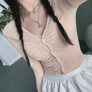 Yeoring V-neck Long Sleeve Cardigan Shirred Button Tee