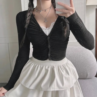 Yeoring V-neck Long Sleeve Cardigan Shirred Button Tee