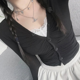 Yeoring V-neck Long Sleeve Cardigan Shirred Button Tee