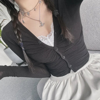 Yeoring V-neck Long Sleeve Cardigan Shirred Button Tee