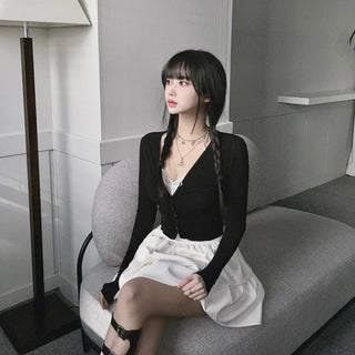 Yeoring V-neck Long Sleeve Cardigan Shirred Button Tee