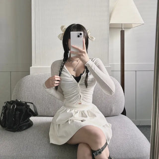 Yeoring V-neck Long Sleeve Cardigan Shirred Button Tee