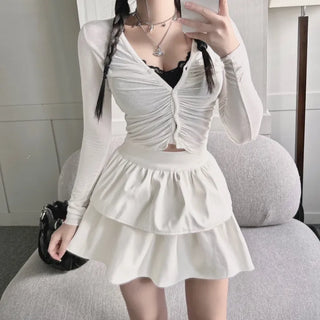 Yeoring V-neck Long Sleeve Cardigan Shirred Button Tee