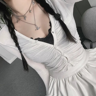 Yeoring V-neck Long Sleeve Cardigan Shirred Button Tee