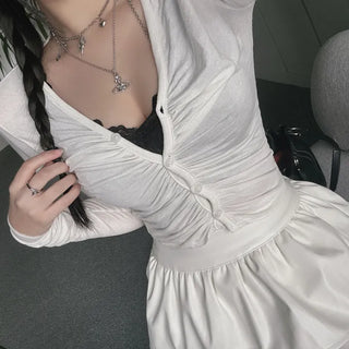 Yeoring V-neck Long Sleeve Cardigan Shirred Button Tee
