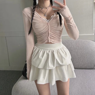 Yeoring V-neck Long Sleeve Cardigan Shirred Button Tee