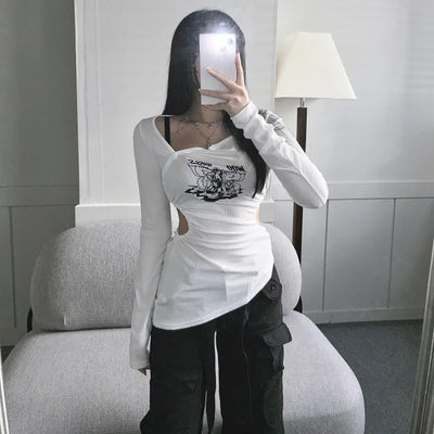 Asymmetrical Angel Shirred Cutout Long Sleeve T-shirt Tee