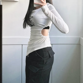 Asymmetrical Angel Shirred Cutout Long Sleeve T-shirt Tee