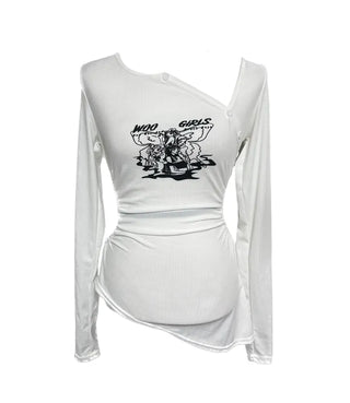 Asymmetrical Angel Shirred Cutout Long Sleeve T-shirt Tee