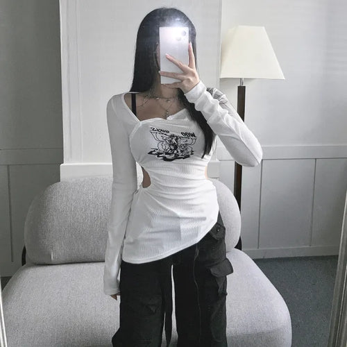 Asymmetrical Angel Shirred Cutout Long Sleeve T-shirt Tee
