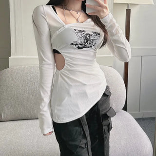 Asymmetrical Angel Shirred Cutout Long Sleeve T-shirt Tee