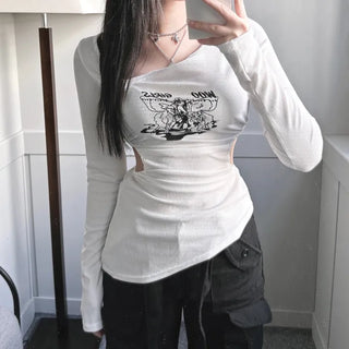 Asymmetrical Angel Shirred Cutout Long Sleeve T-shirt Tee
