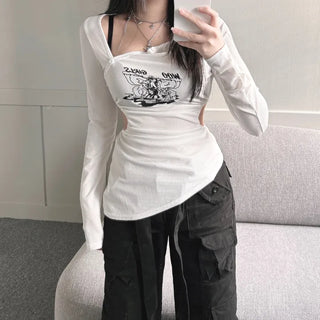 Asymmetrical Angel Shirred Cutout Long Sleeve T-shirt Tee