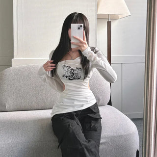 Asymmetrical Angel Shirred Cutout Long Sleeve T-shirt Tee